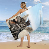 Aperturee - Laughing Zebra Sand Bokeh Blue Sky Custom Beach Towel